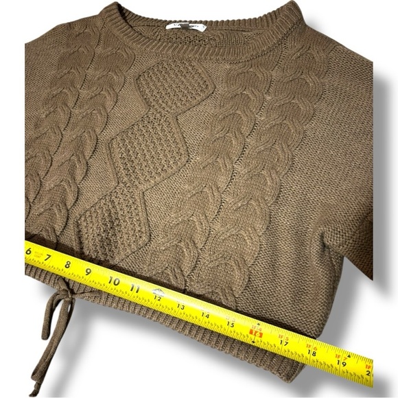 Vigoss Brown Cable Knit Front Tie Long Sleeve Cropped Crew Neck Sweater - Picture 9 of 16